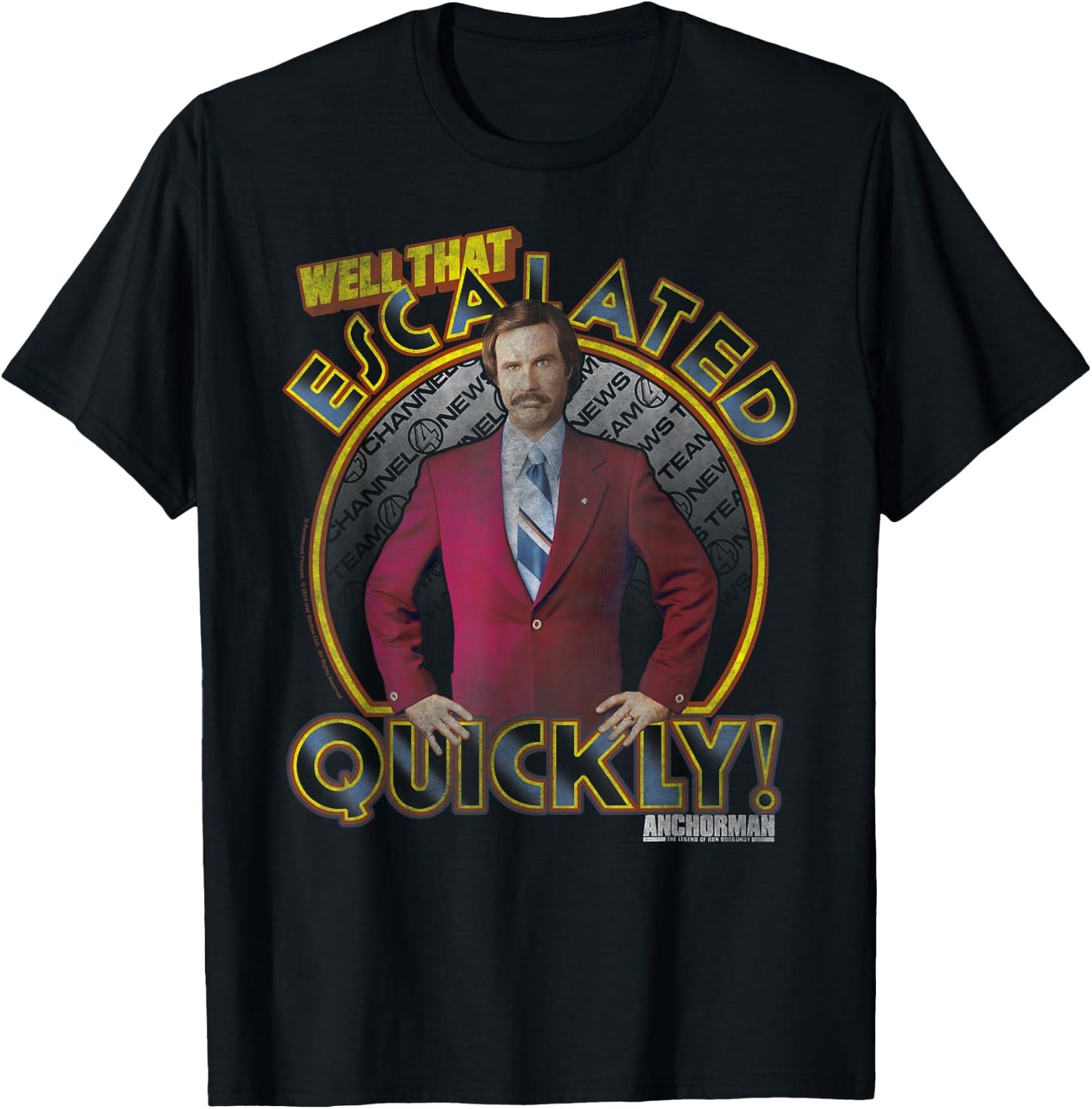 Anchorman Ron Burgundy Escalated Quickly Circle Portrait T-Shirt - T-Shirt | Black
