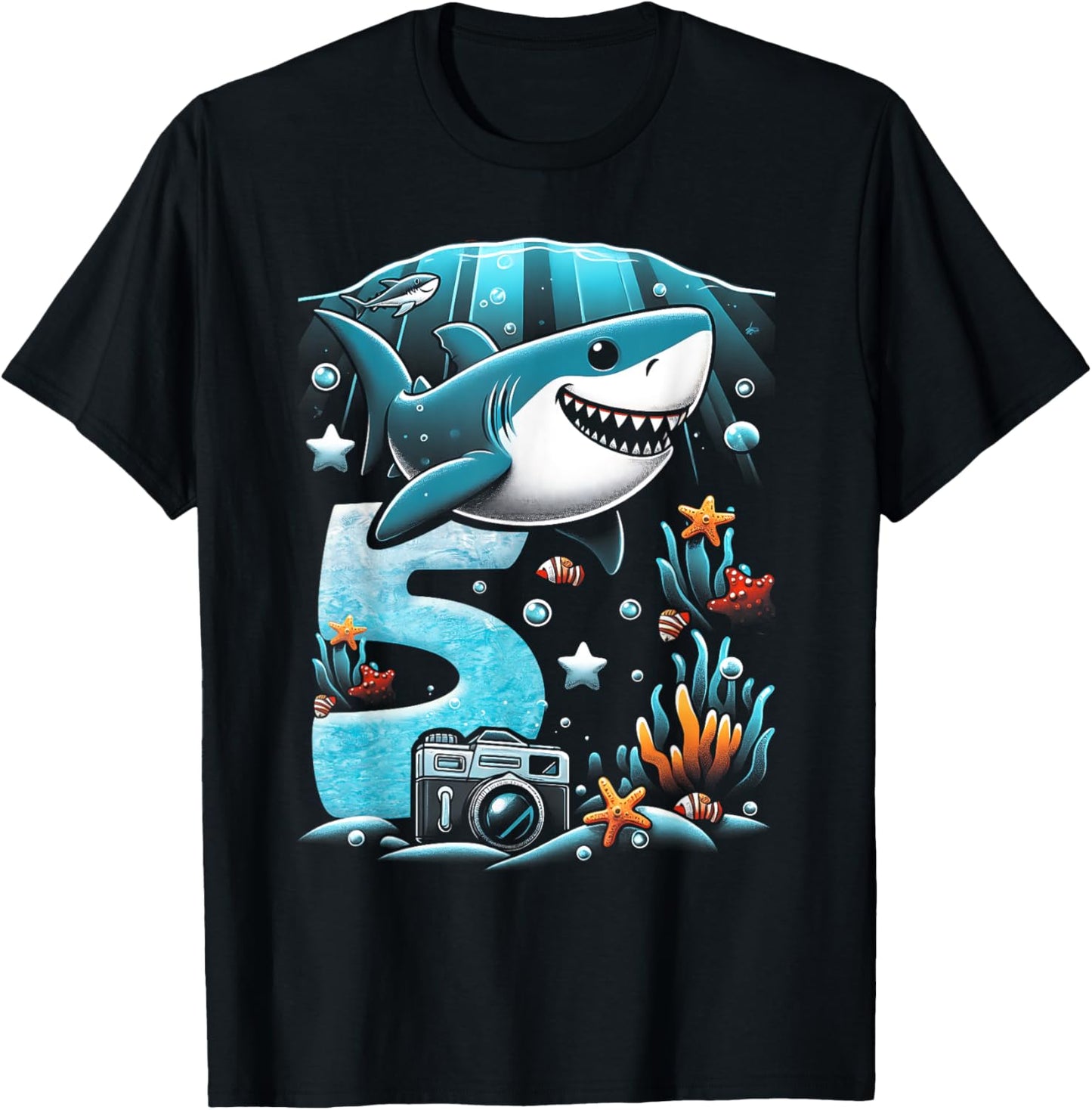 Shark 5th Birthday Under Sea 5 Year Old Birthday Party Theme T-Shirt - T-Shirt | Black
