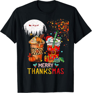 Happy Thanksgiving Merry Christmas Happy Thanksmas Coffee T-Shirt - T-Shirt | Black
