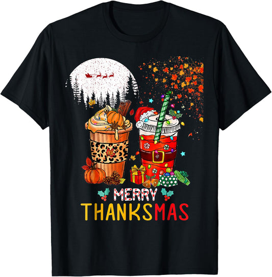 Happy Thanksgiving Merry Christmas Happy Thanksmas Coffee T-Shirt - T-Shirt | Black