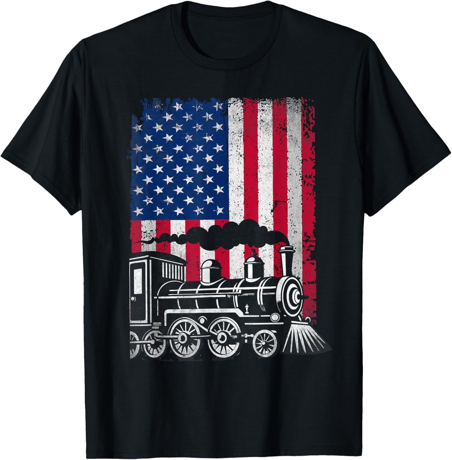 Patriotic Train Locomotive American Flag Railroad Conductor T-Shirt - T-Shirt | Black