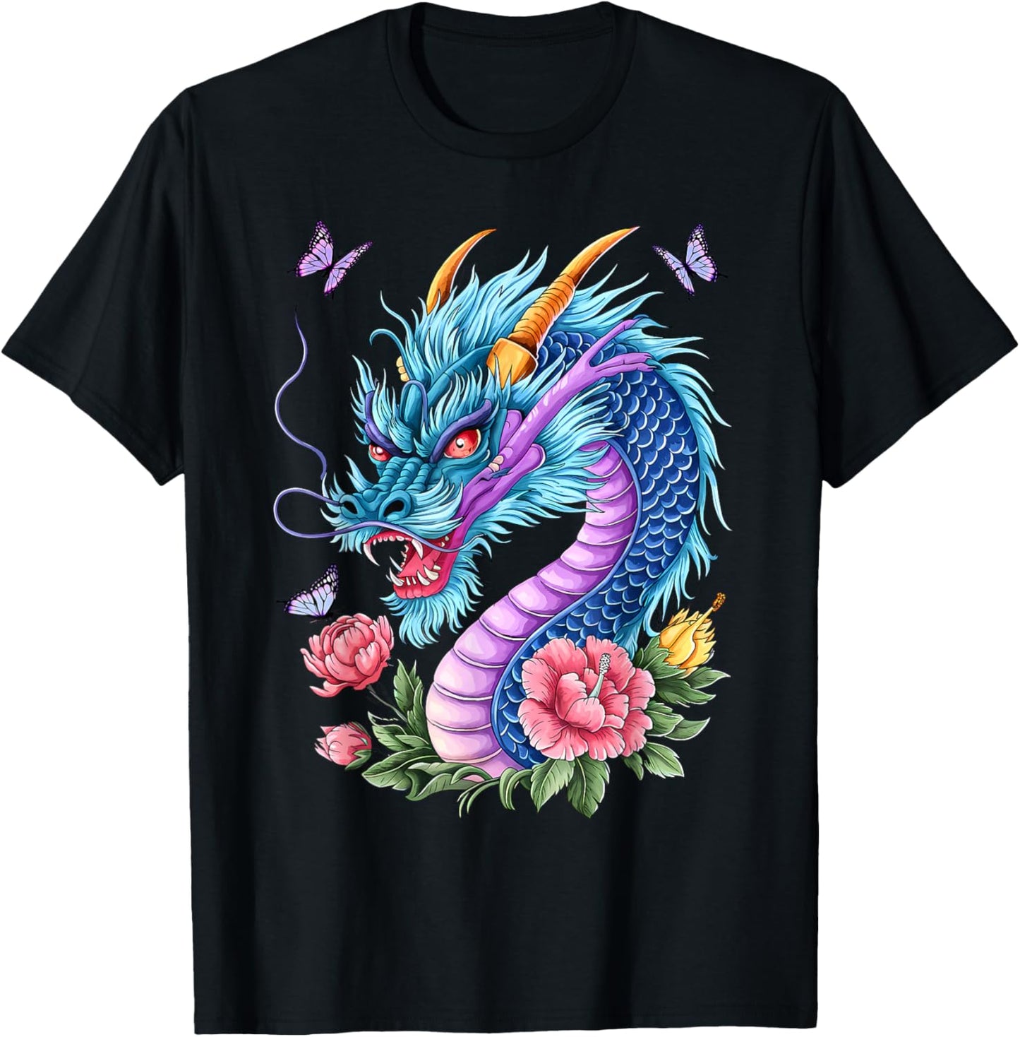 Watercolor Dragon Flowers Beautiful Art Colorful Graphic T-Shirt - T-Shirt | Black