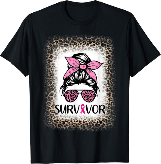 Survivor Breast Cancer Shirts Messy Bun Bleached T-Shirt - T-Shirt | Black