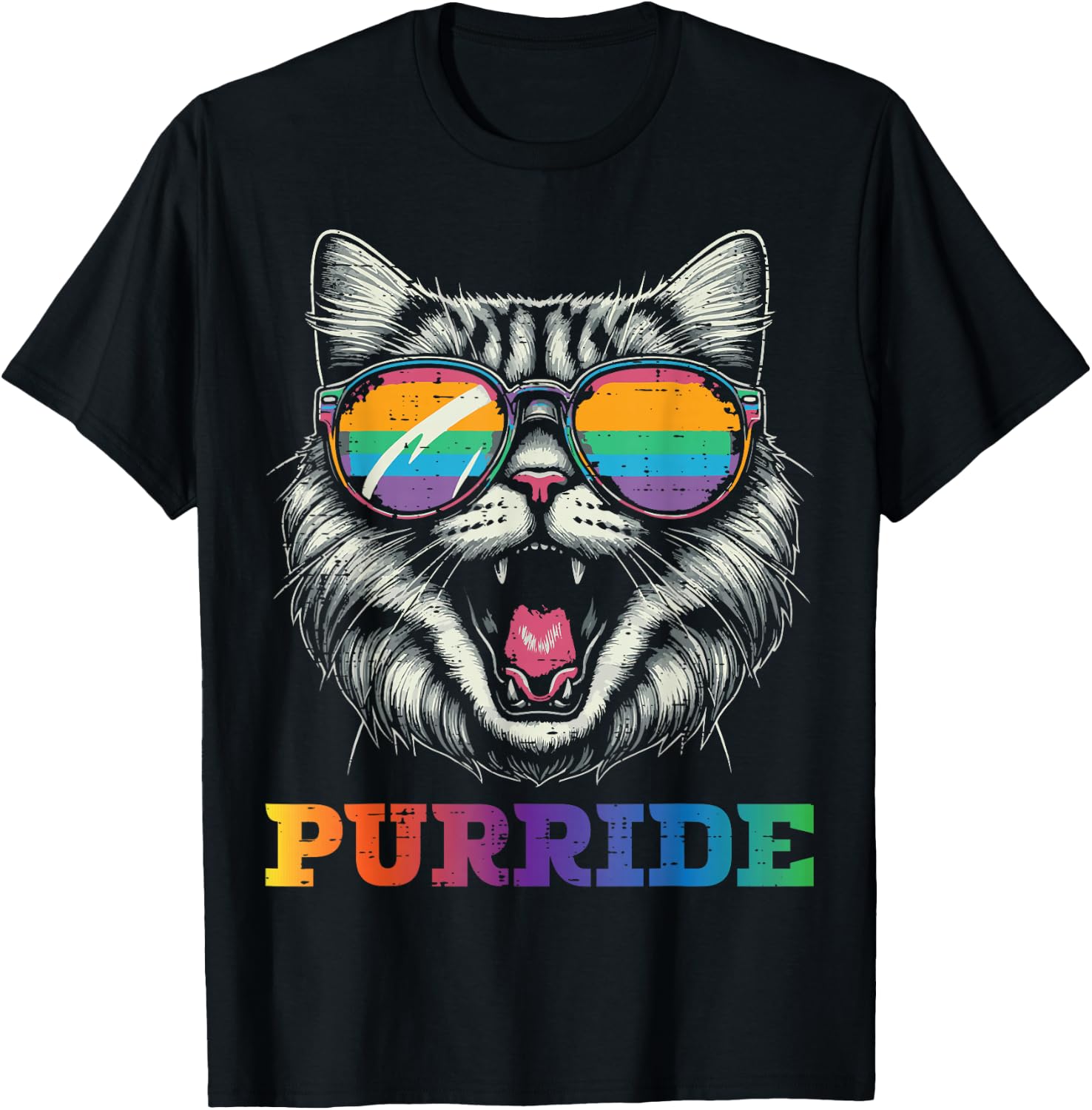 Gay Pride Month Purride Cat LGBTQ Ally Rainbow Men Women T-Shirt - T-Shirt | Black