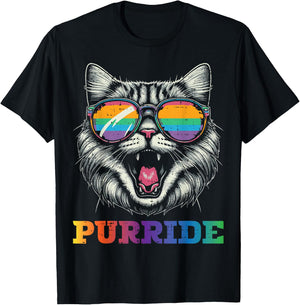 Gay Pride Month Purride Cat LGBTQ Ally Rainbow Men Women T-Shirt - T-Shirt | Black