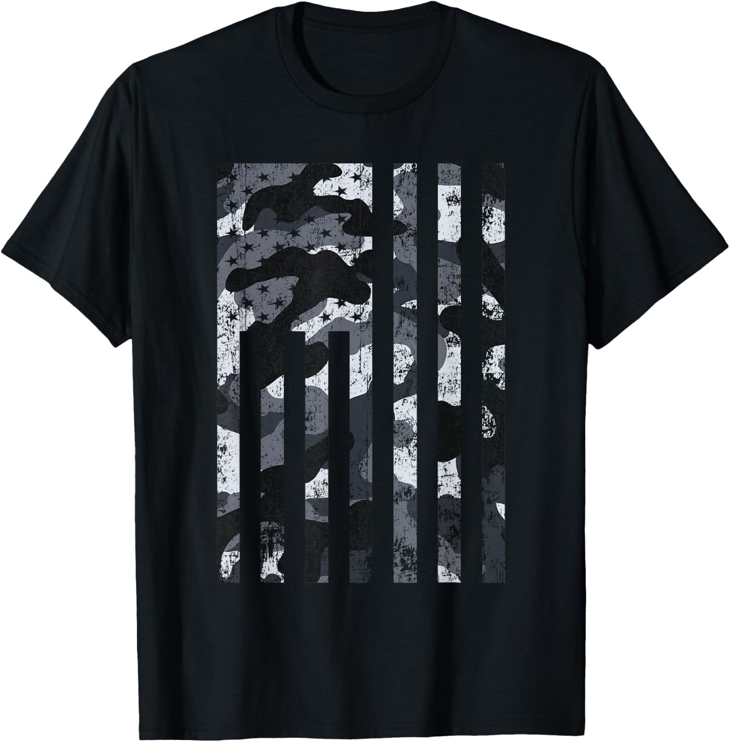 American Flag Black & White Camo Distressed Patriotic USA T-Shirt - T-Shirt | Black