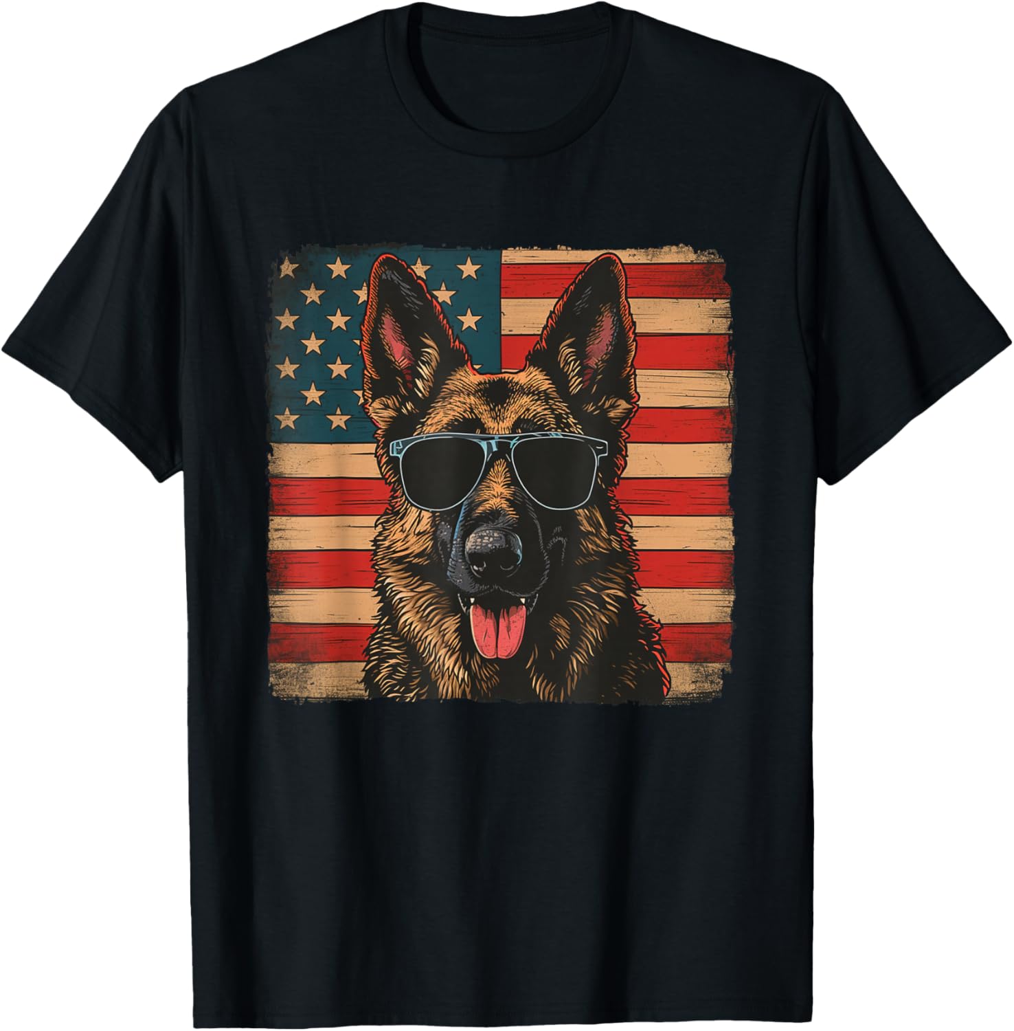 German Shepherd Dog American Star Stripes 4th of July T-Shirt - T-Shirt | Black