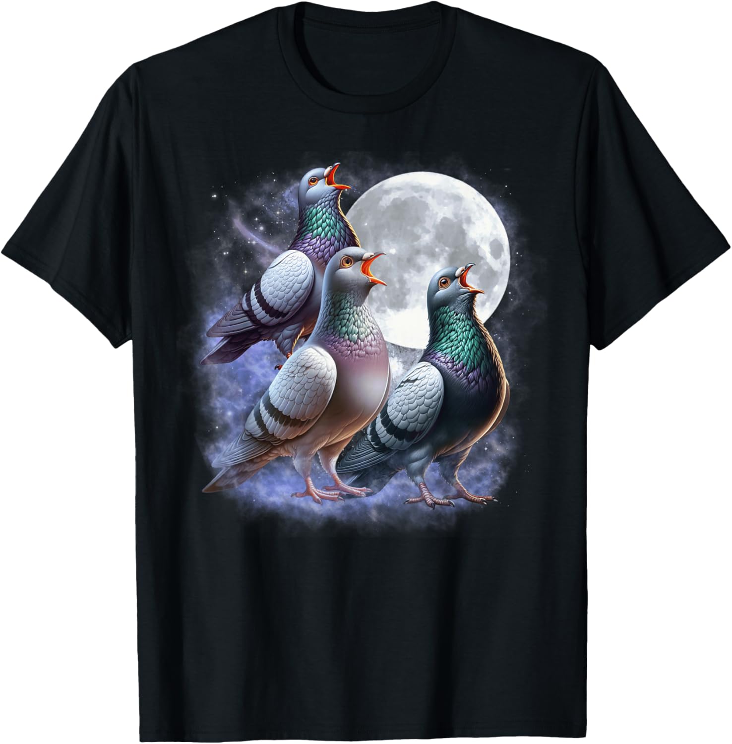Three Pigeons Moon Funny Pigeon Howling Wolfs Moon Parody T-Shirt - T-Shirt | Black