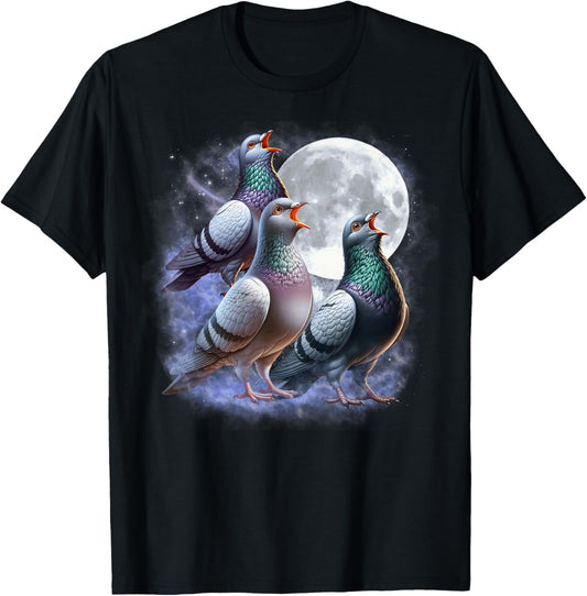 Three Pigeons Moon Funny Pigeon Howling Wolfs Moon Parody T-Shirt - T-Shirt | Black