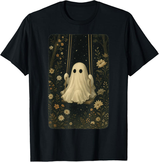 Cottagecore Ghost Swing Floral Aesthetic Halloween Spooky T-Shirt - T-Shirt | Black