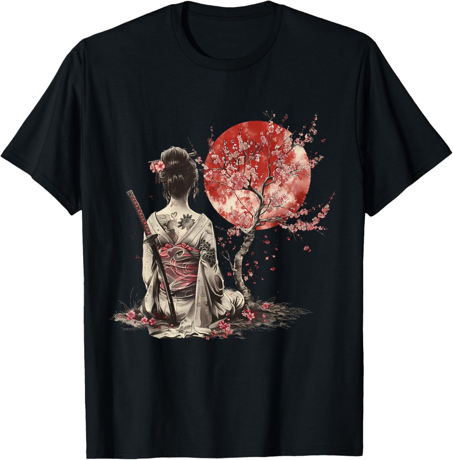 Japanisches Samurai-Mädchen, Sakura, Kirschblüte, japanische Geisha T-Shirt - T-Shirt | Black