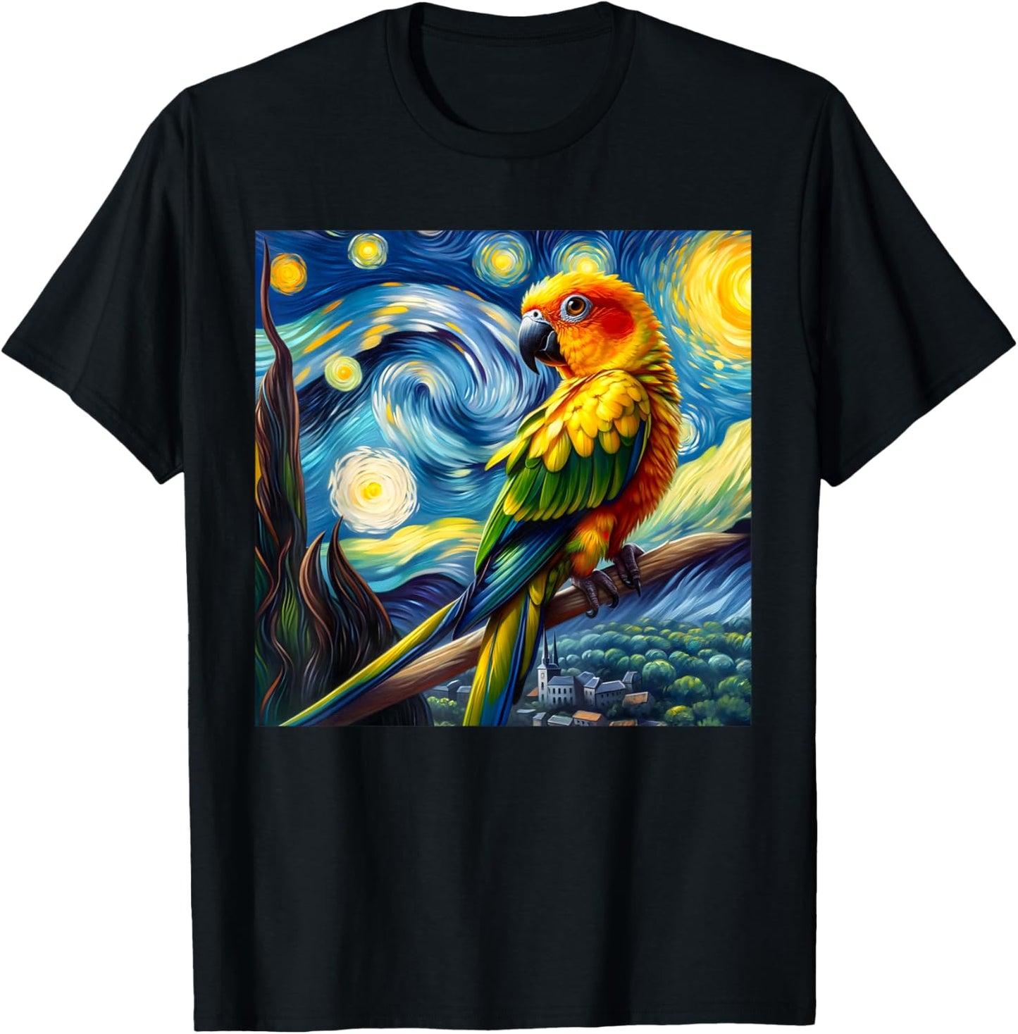 Sun Conure Mom Starry Night Sky Art Van Gogh Bird Parrot T-Shirt - T-Shirt | Black