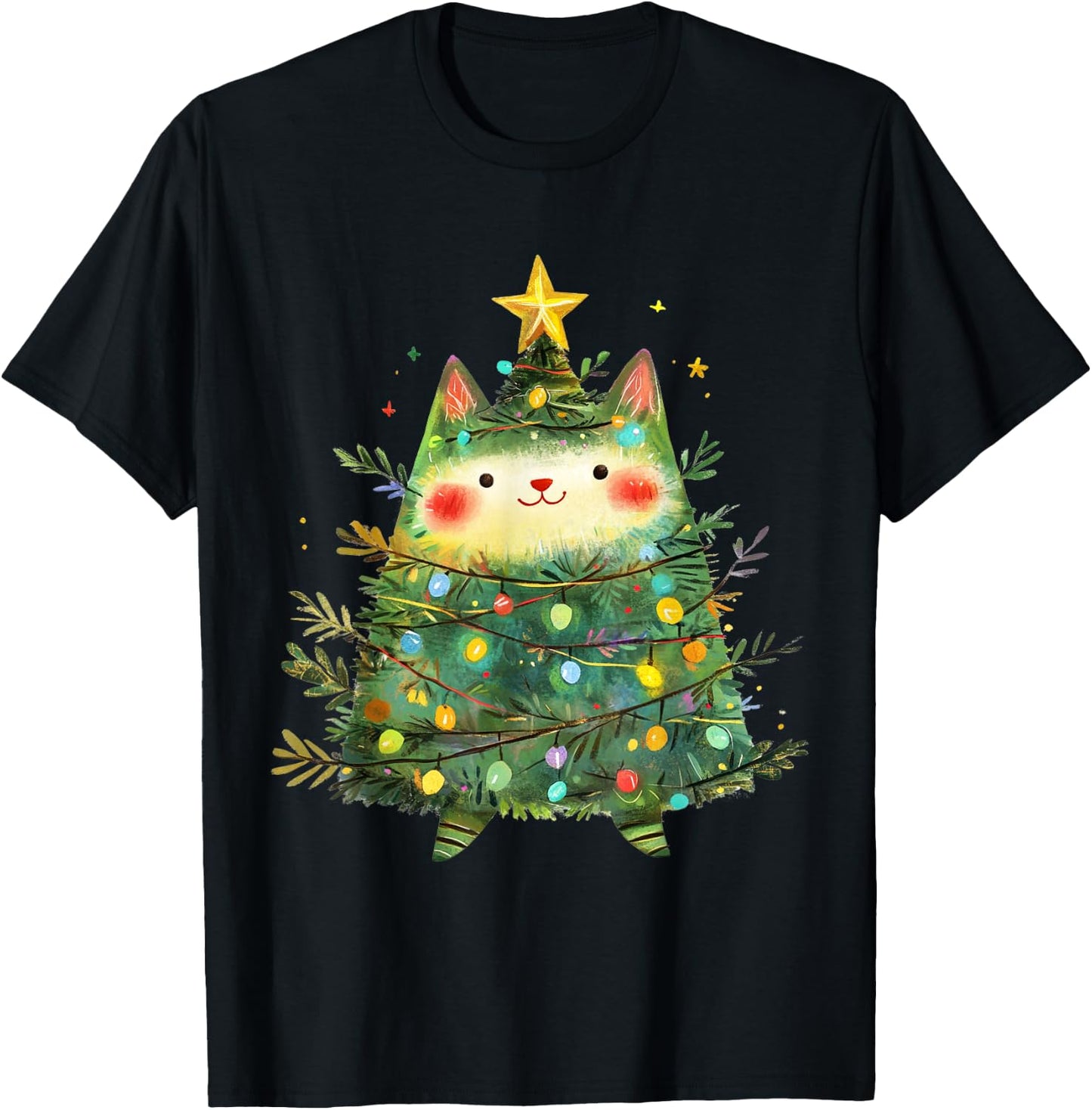 Cat Christmas Tree Pajamas Girls Boys Xmas Lights T-Shirt - T-Shirt | Black