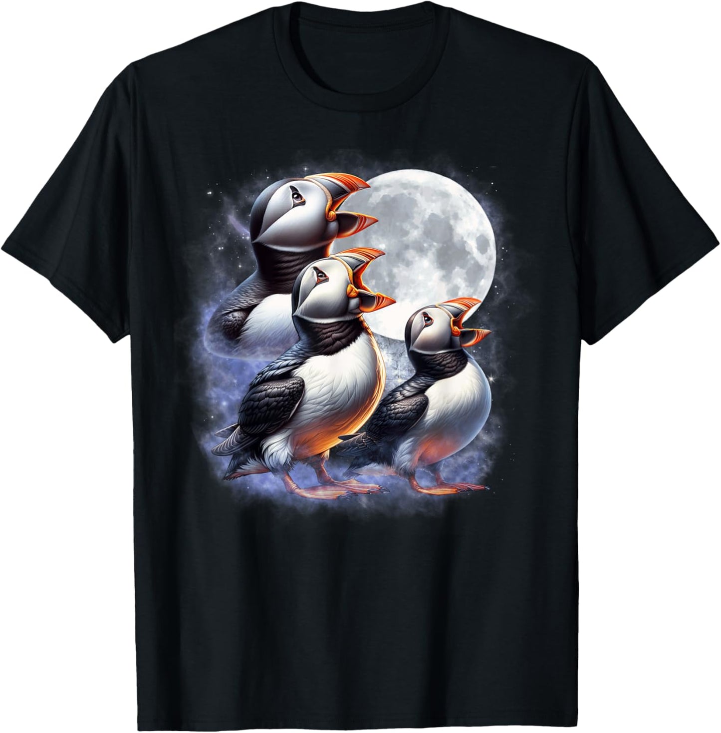 Three Puffins Moon Funny Puffin Howling Wolfs Moon Parody T-Shirt - T-Shirt | Black