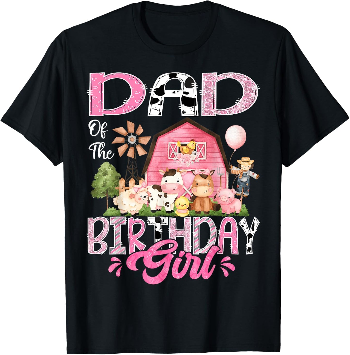 Dad Of The Birthday Girl Pink Farm Cow First Birthday T-Shirt - T-Shirt | Black