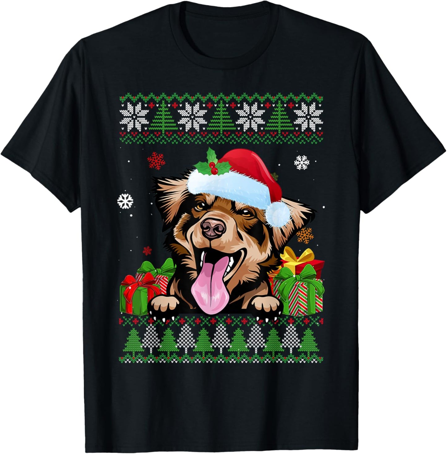Funny Dog lovers Australian Shepherd Ugly Christmas Sweater T-Shirt - T-Shirt | Black