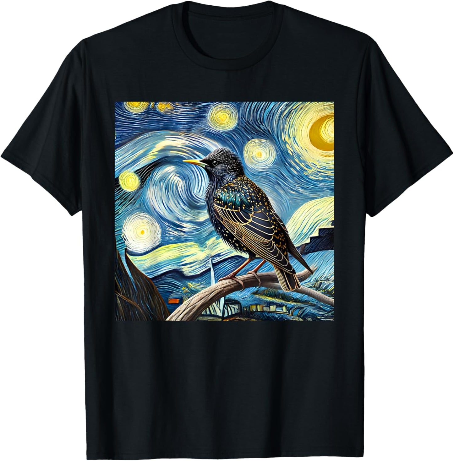 Common Starling Lover Bird Watching Birding Starry Night Art T-Shirt - T-Shirt | Black