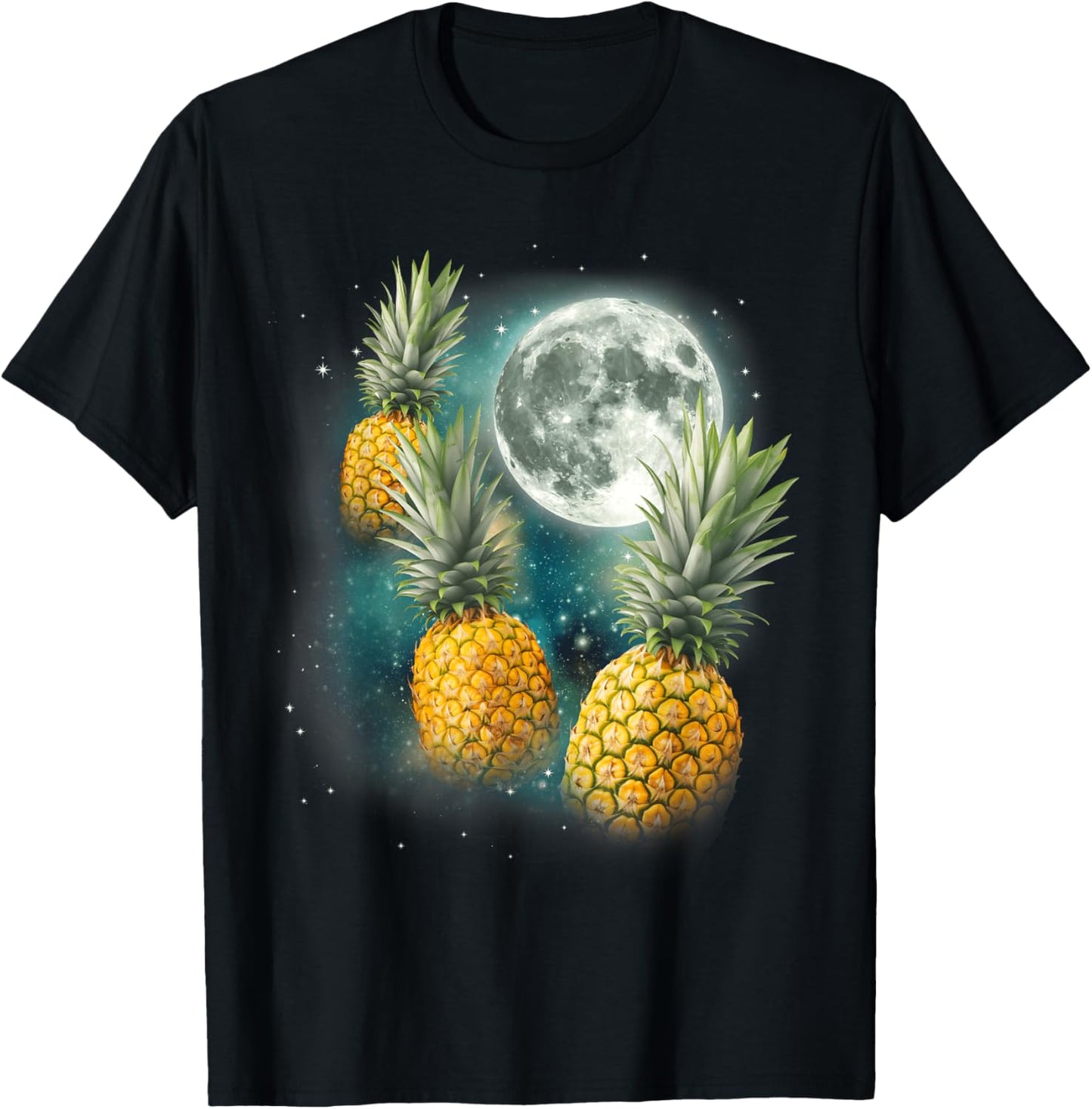 Three Pineapple Moon | Funny Tropical Fruit Cursed Meme T-Shirt - T-Shirt | Black