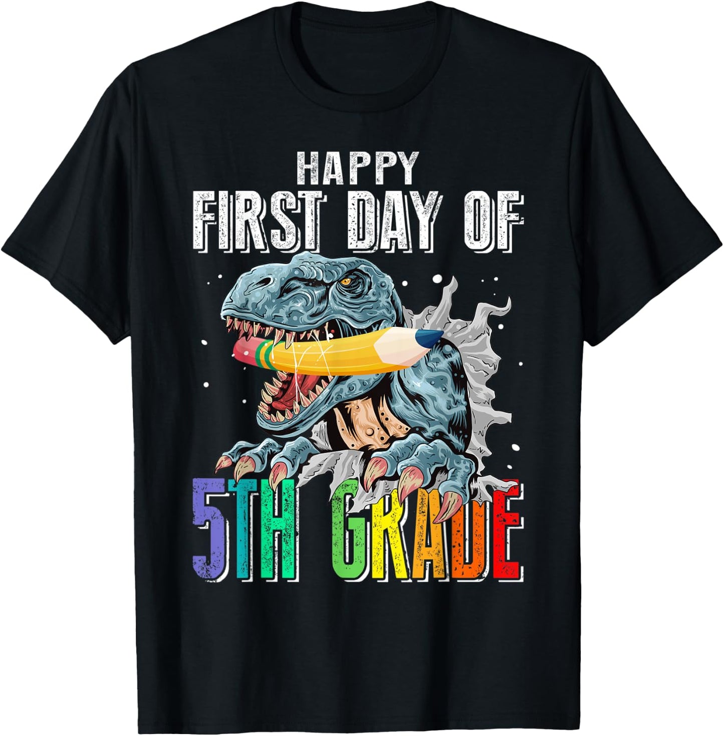 Happy First Day Of 5th Grade Dinosaur Back To School T-Shirt - T-Shirt | Black