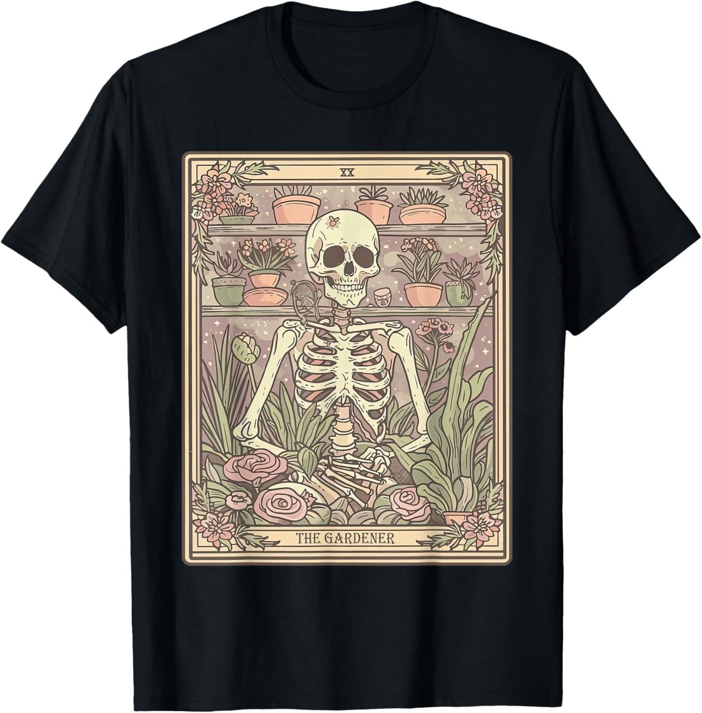 The Gardener Tarot Card Skeleton Plant Floral Gardening T-Shirt - T-Shirt | Black