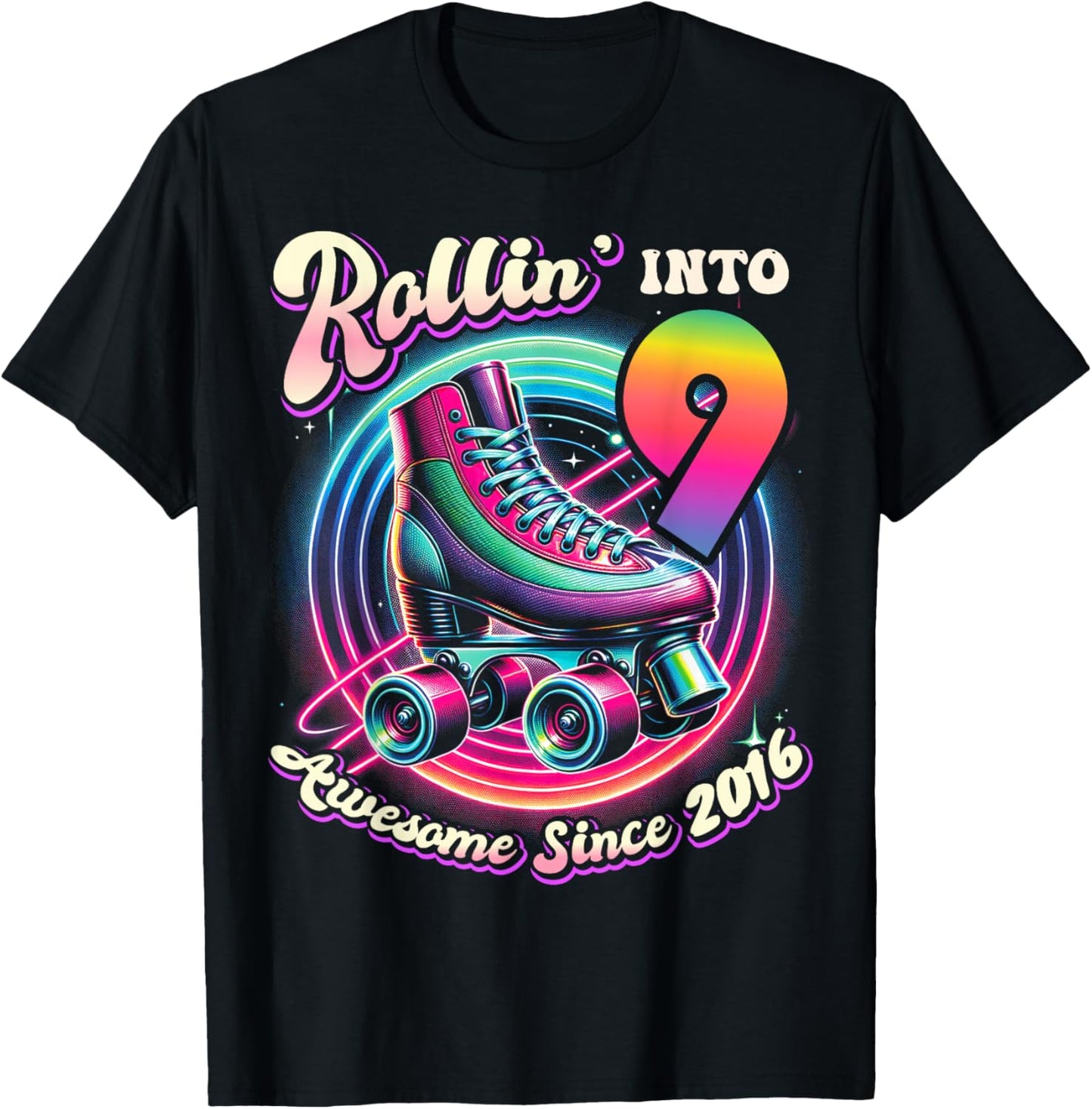 Birthday Roller Skating 9th Girls Rollin into 9 Skate Party T-Shirt - T-Shirt | Black