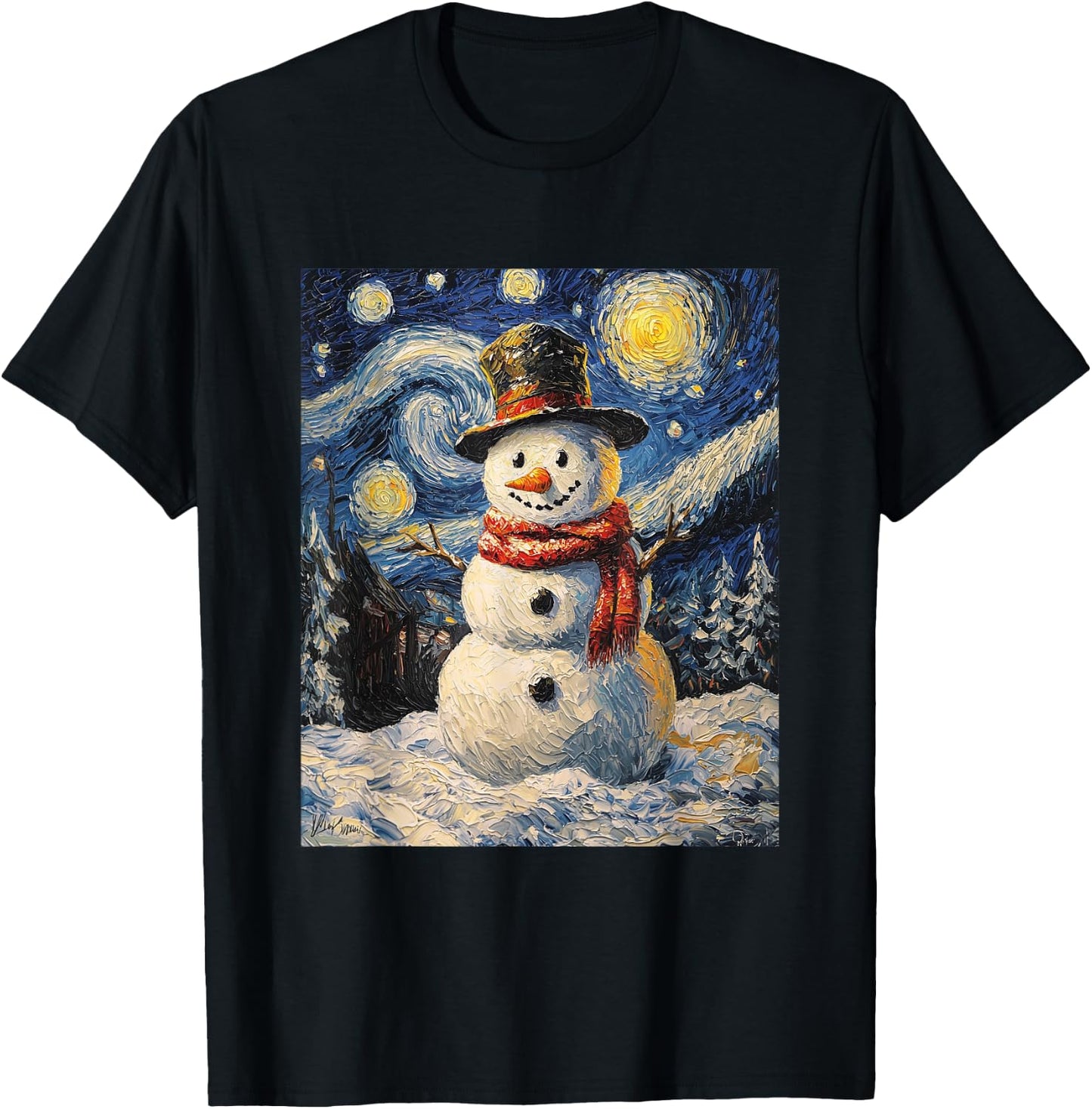 Snowman - Van Gogh Style - Starry Night - Funny Graphic T-Shirt - T-Shirt | Black