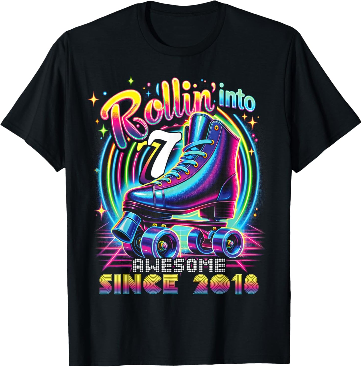 Birthday Roller Skating 7th Girls Rollin into 7 Skate Party T-Shirt - T-Shirt | Black