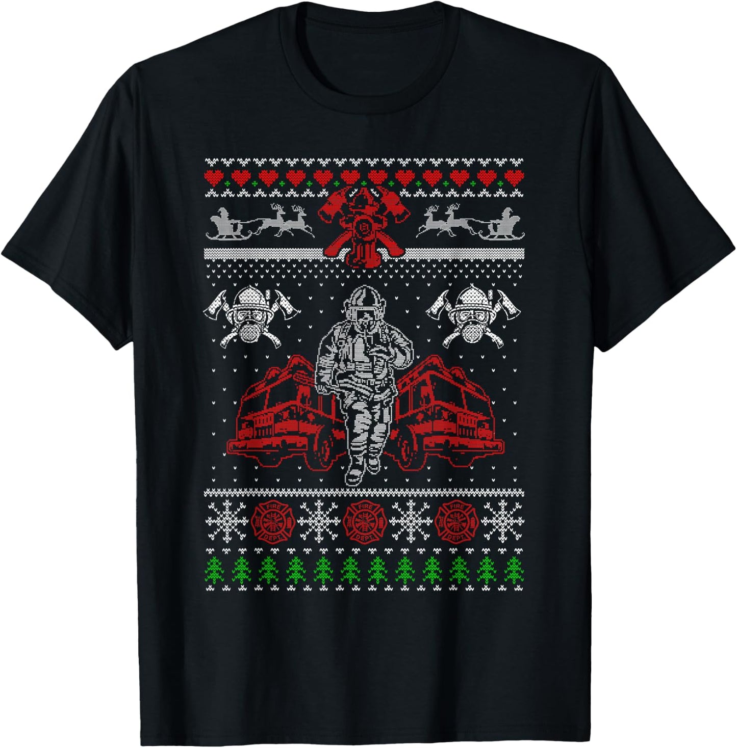 Firefighter Ugly Christmas Sweater Santa Xmas T-Shirt - T-Shirt | Black