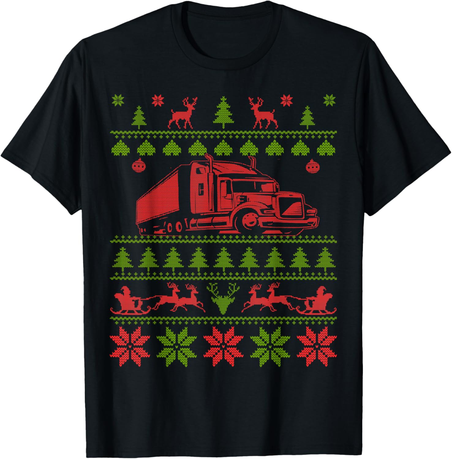 Trucker Semi Truck Driver Ugly Christmas T-Shirt - T-Shirt | Black