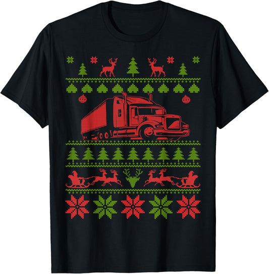 Trucker Semi Truck Driver Ugly Christmas T-Shirt - T-Shirt | Black