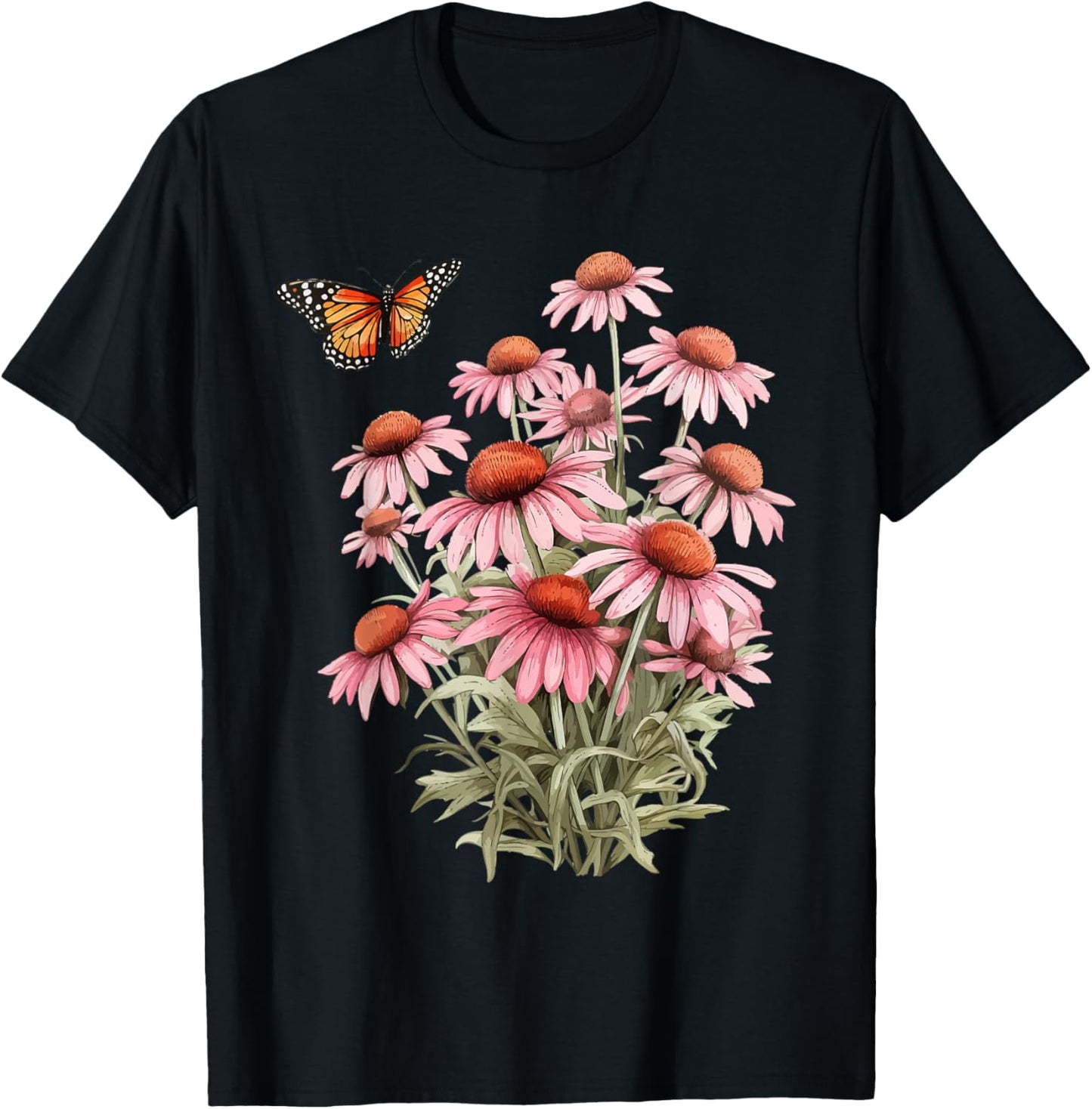 Echinacea Cone Flower Monarch Butterfly Pollinator Habitat T-Shirt - T-Shirt | Black
