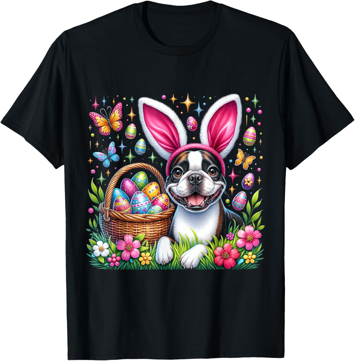 Cute Bunny Boston Terrier Dog Easter Eggs Basket Easter Day T-Shirt - T-Shirt | Black