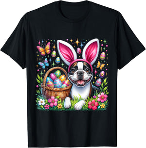 Cute Bunny Boston Terrier Dog Easter Eggs Basket Easter Day T-Shirt - T-Shirt | Black