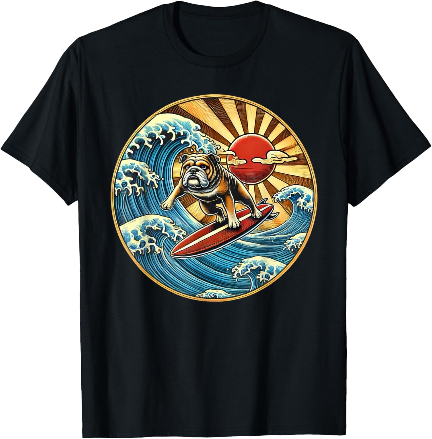 English Bulldog Dog Surfing Surfer T-Shirt - T-Shirt | Black