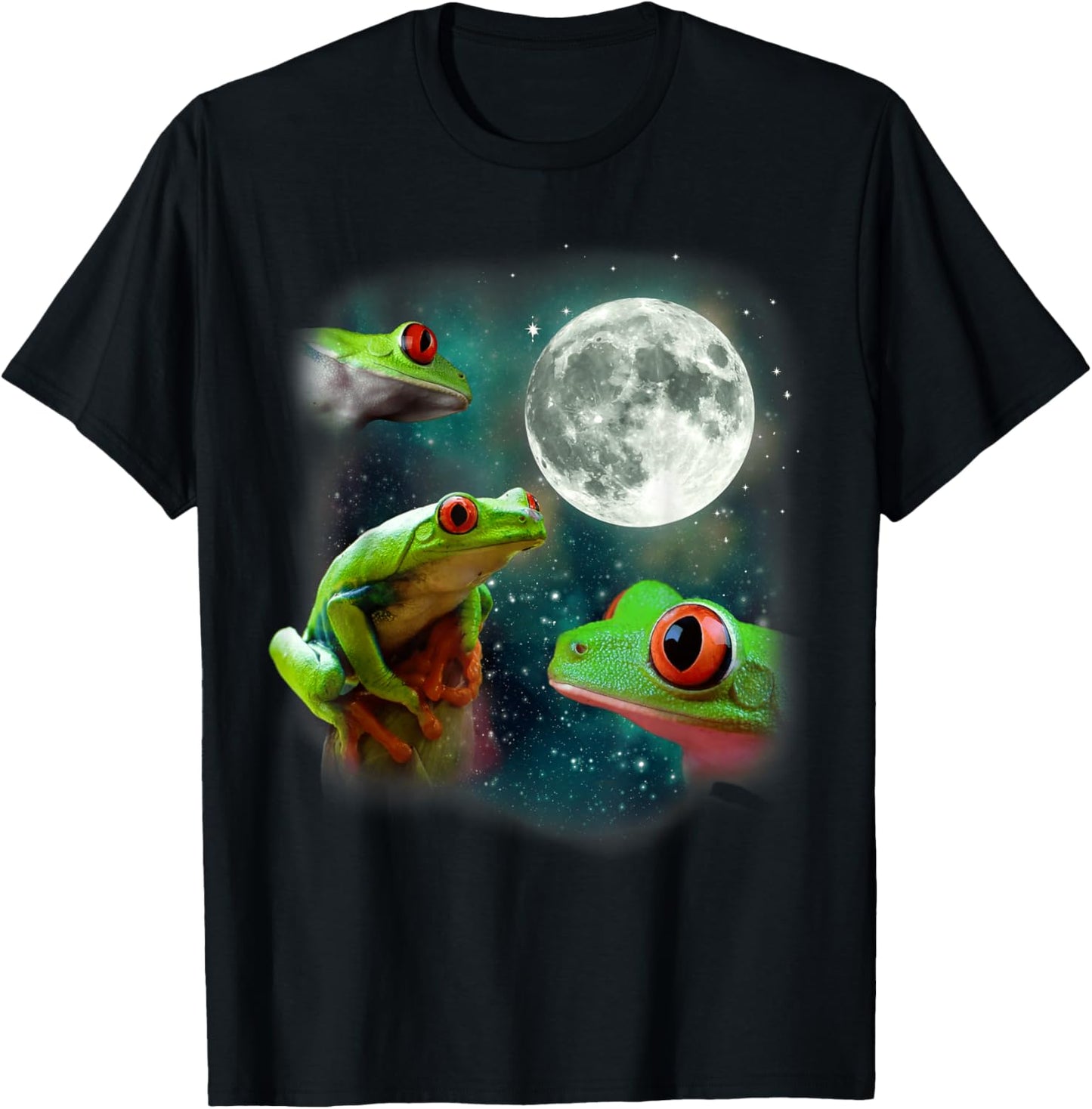 Three Frog Moon | 3 Treefrog Weird Funny Magical Cursed Meme T-Shirt - T-Shirt | Black