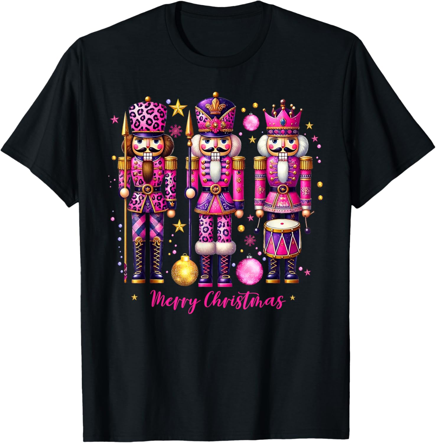 Leopard Nutcracker Pink Christmas 2024 Xmas Pajamas Matching T-Shirt - T-Shirt | Black