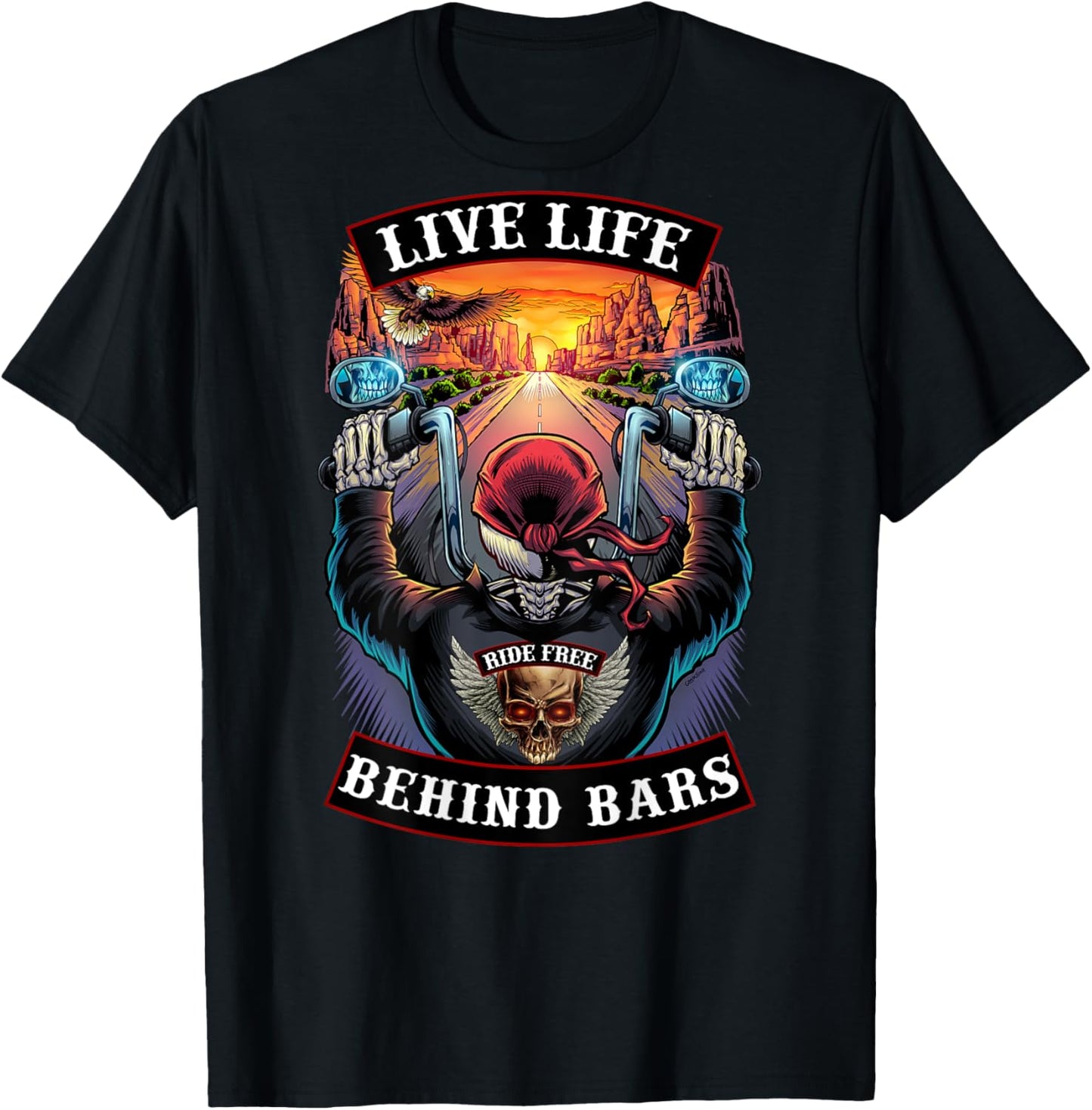 Live Life Behind Bars Motorcycle Biker Skull T-Shirt - T-Shirt | Black
