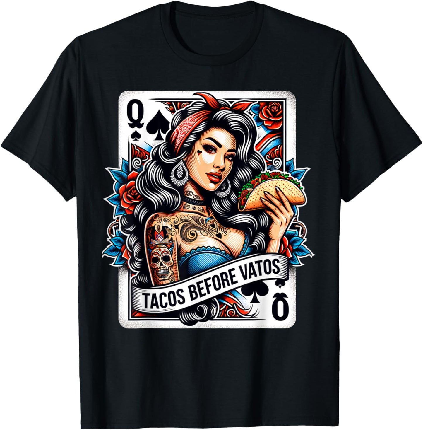Tacos Before Vatos Mexican Latina Chicana Pin-Up Girl Tattoo T-Shirt - T-Shirt | Black