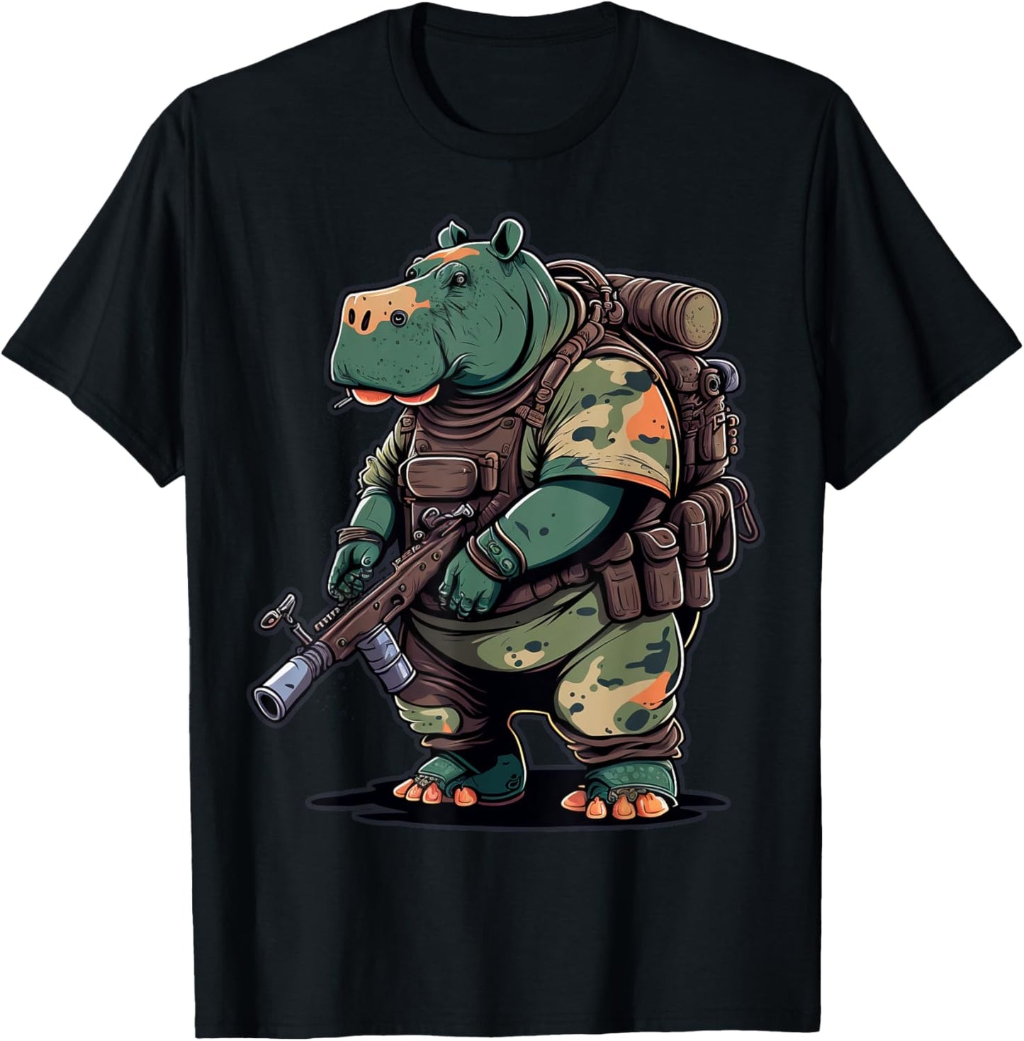 Soldier Hippo Army Military Hippopotamus T-Shirt - T-Shirt | Black
