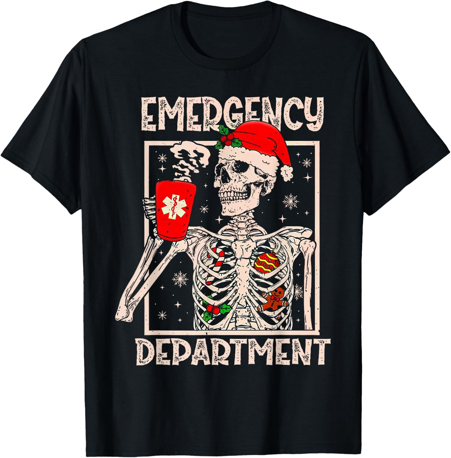 Emergency Department Skeleton Coffee ER Nurse Christmas T-Shirt - T-Shirt | Black