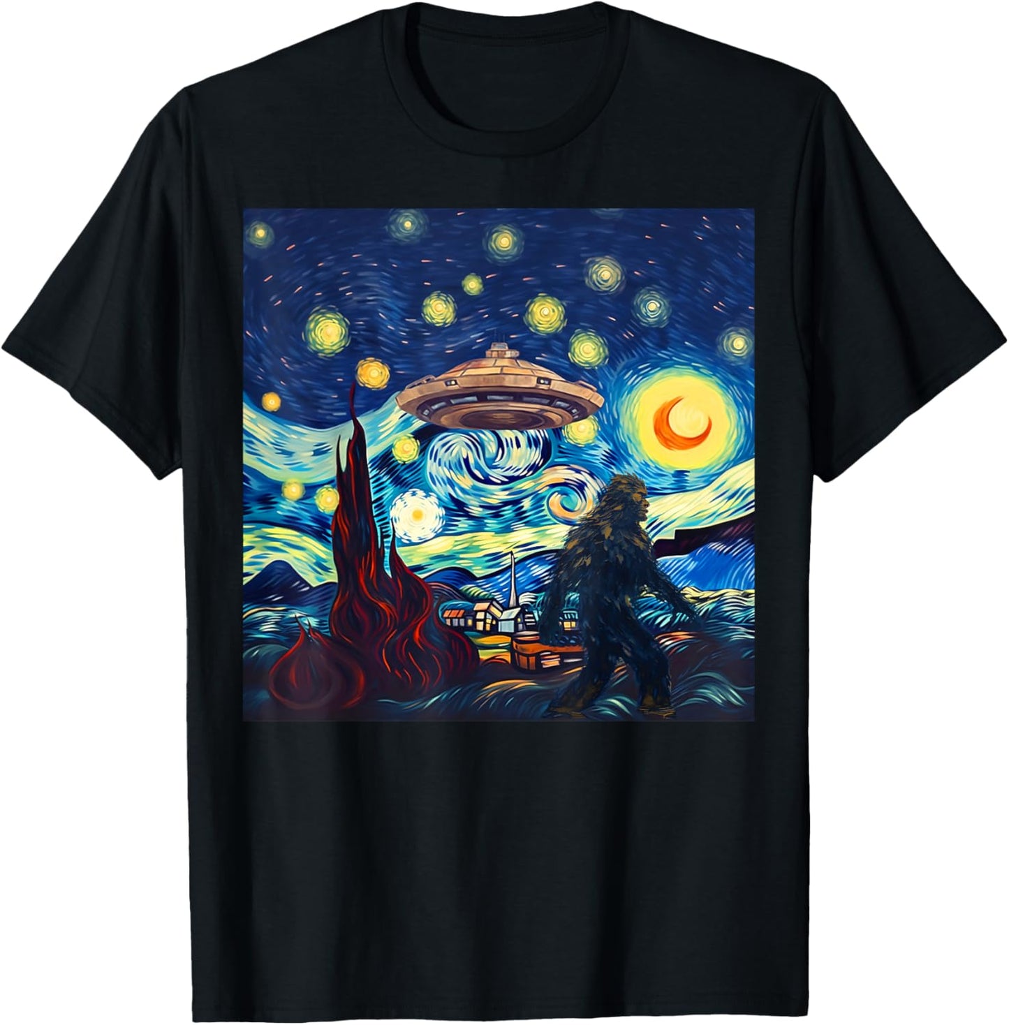 Funny UFO Bigfoot Starry Night Alien Art Hiking Yeti Camping T-Shirt - T-Shirt | Black