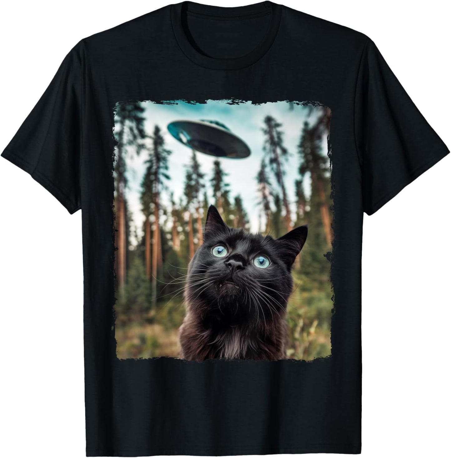 Black Cat Selfie With Alien UFO Cat Gifts Women Kid T-Shirt - T-Shirt | Black