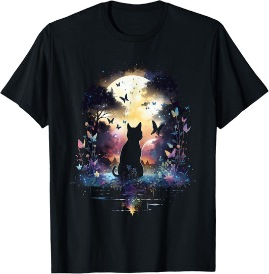 Aesthetic Cottagecore Cat with Butterly and Florals T-Shirt - T-Shirt | Black