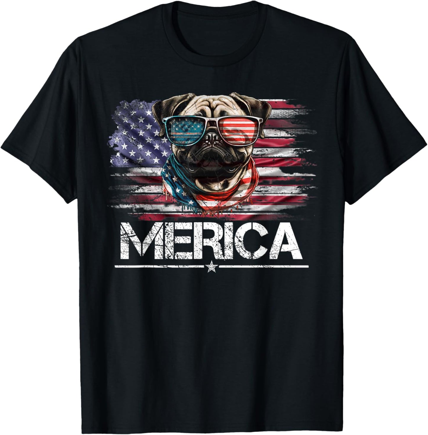 Vintage Pug Dog, Merica Pug Dog USA Flag Funny Women Kids Men T-Shirt - T-Shirt | Black