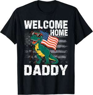 Kids Welcome Home Daddy Dinosaur T-Rex American Flag T-Shirt - T-Shirt | Black