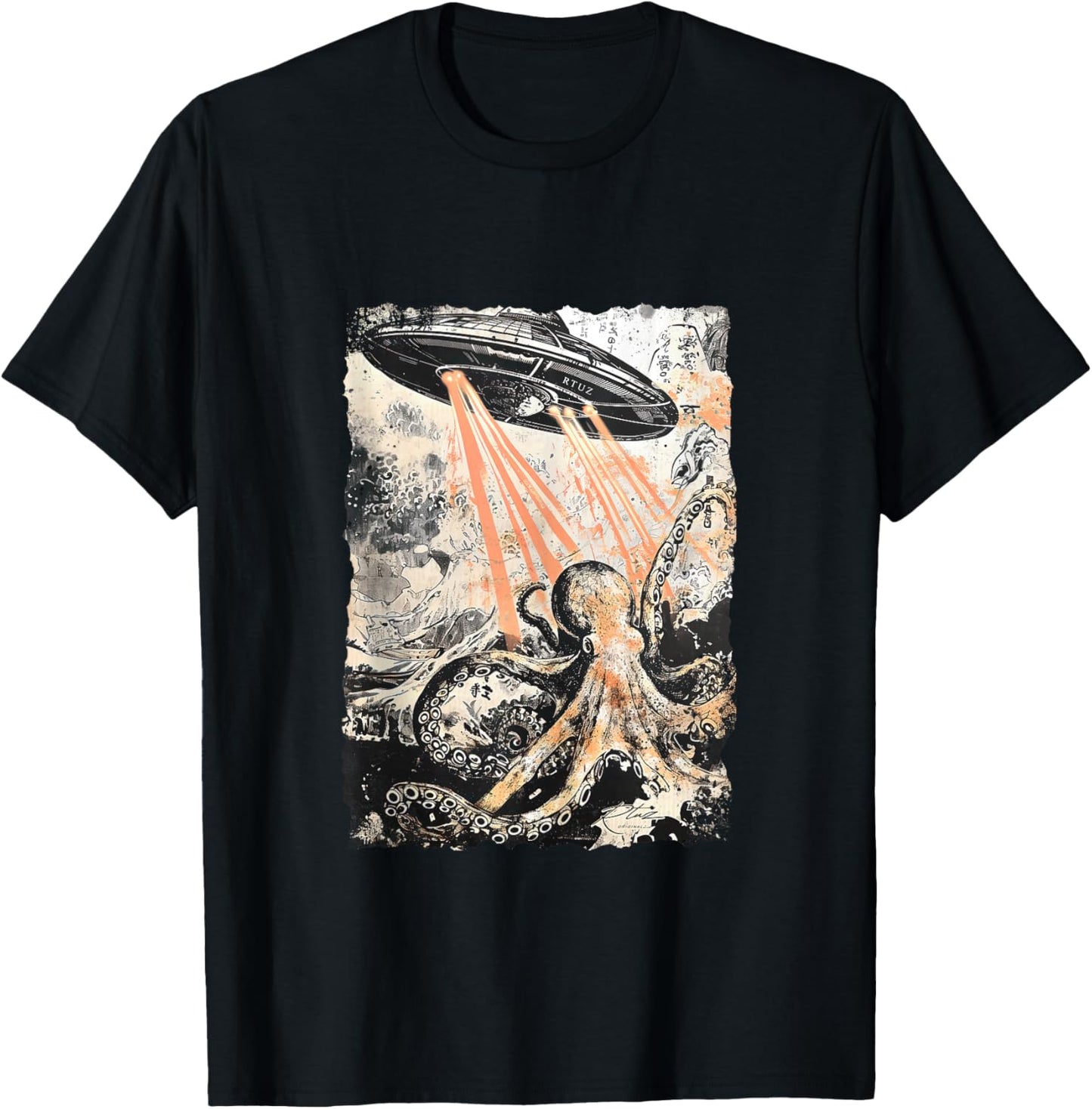 Vintage Octopus UFO UAP Alien Octopus Octopus T-Shirt - T-Shirt | Black