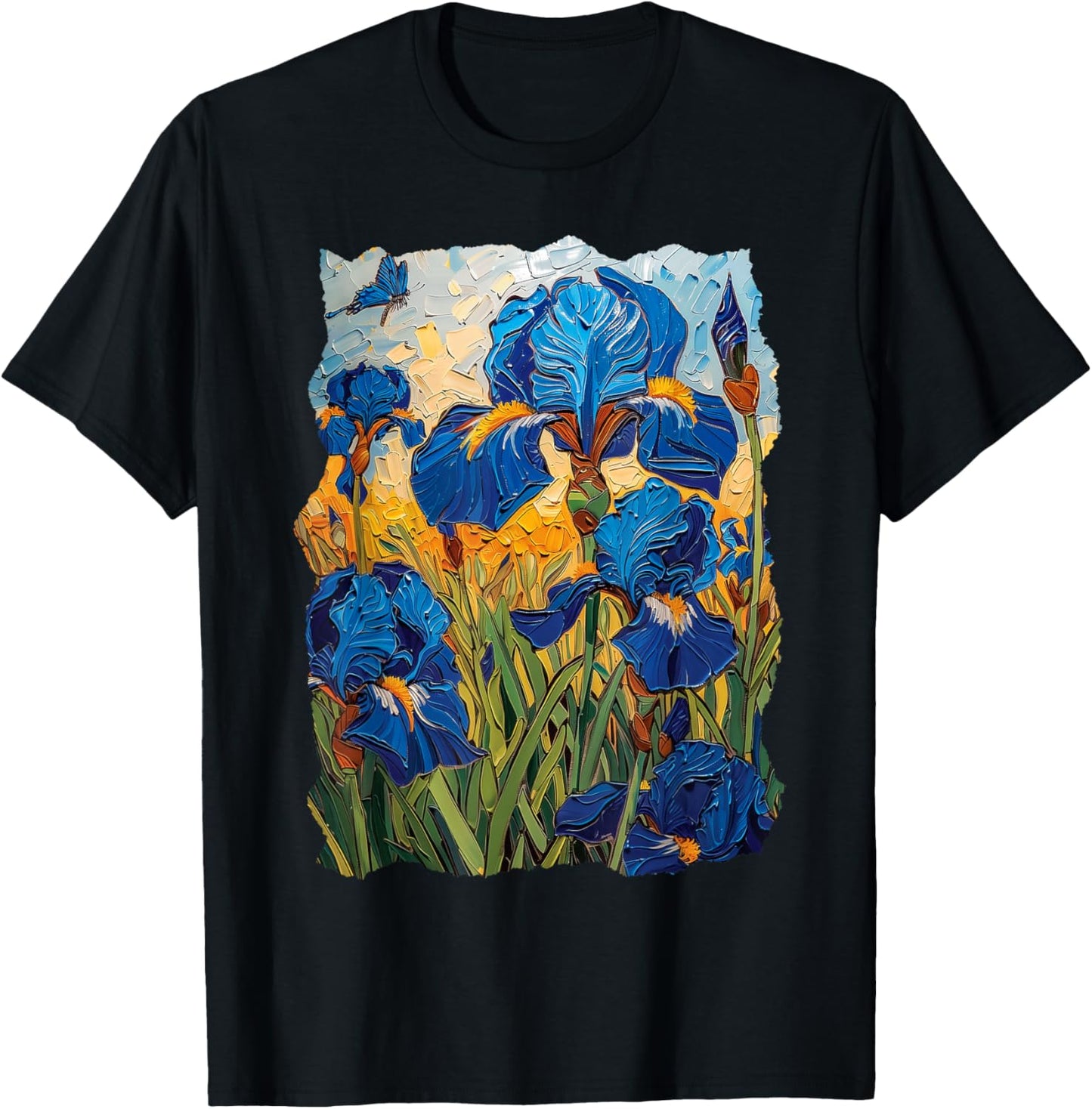 Starry Night Van Gogh Artistic Irises and Butterflies T-Shirt - T-Shirt | Black