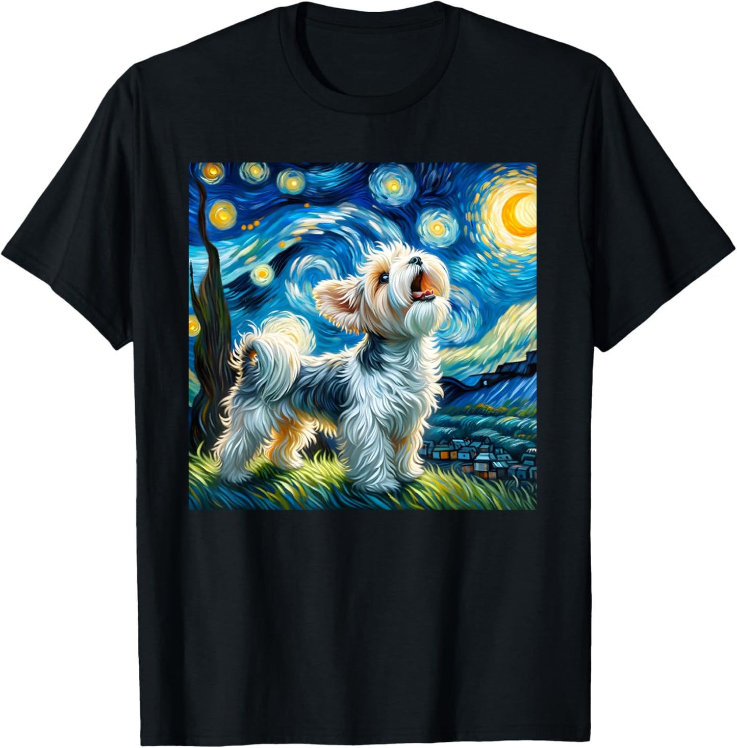 Morkie Howling At The Moon Surreal Starry Night Sky Dog Art Women Kids T-Shirt - T-Shirt | Black