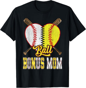 Bonus Mom Of Both Ball Bonus Mom Half Baseball Softball T-Shirt - T-Shirt | Black