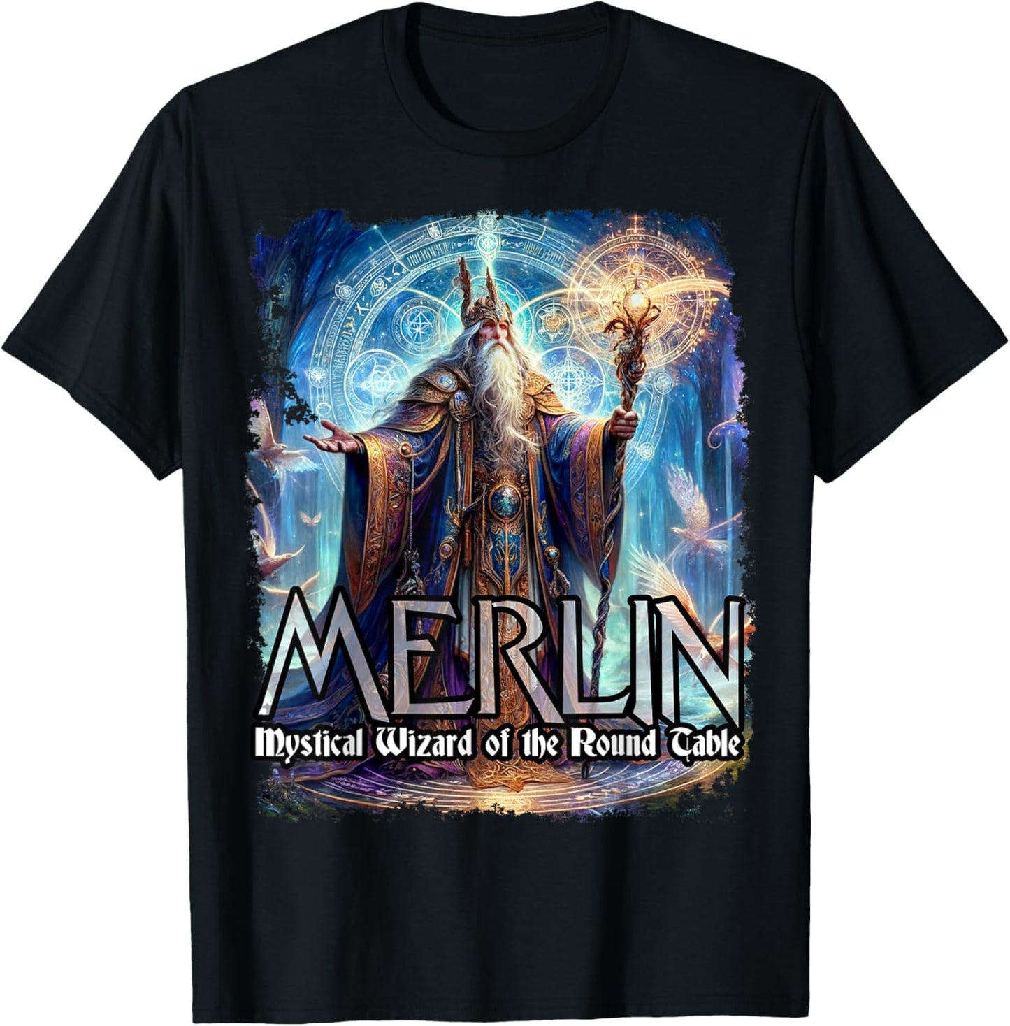 Mythothreads Arthurian Mythology Merlin Mystical Wizard of the Round Table Magical Sorcerer , Small, Black T-Shirt - T-Shirt | Black